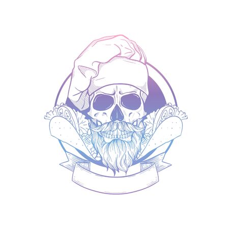 Hand drawn sketch, skull with cooks hat, sandwich, burger and mustachesのイラスト素材