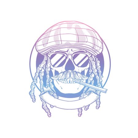 Sketch, skull with dreadlocks, rastaman hat, cigarette mustaches and sunglassesのイラスト素材