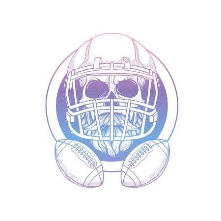 Hand drawn skull, american football player with game attributes, helmet and mustaches and beardのイラスト素材