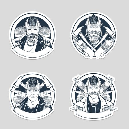 Set of sketch fireman stickersのイラスト素材