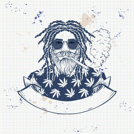 Hand drawn sketch, rastaman with beard, mustaches and dreadlocks. Poster, flyer design on notebook pageのイラスト素材