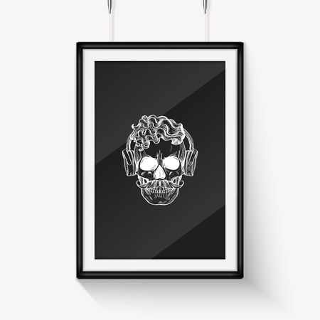 Angry skull with cirly hairstyle, moustaches and headphones, line artのイラスト素材