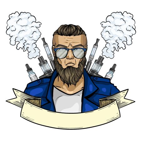 Color hipster with glasses, beard and vaporizer cigarette. Poster, flyer designのイラスト素材