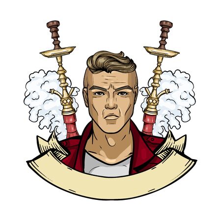 Color hipster with hookah, vaporizer cigarette and clouds of smoke. Poster, flyer design