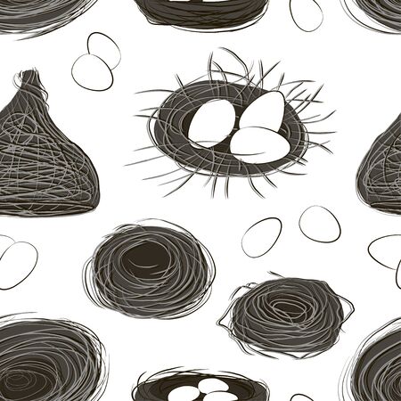 Nest set and hatching chicken. Vector hand drawn line pattern of eggs in nest and nestling.のイラスト素材