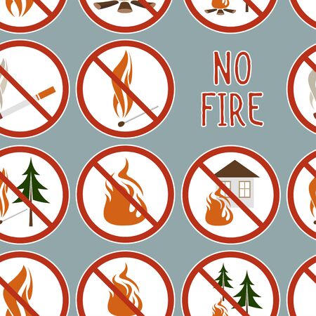 Pattern forbidding fire, making a furnace, and burning something. Round fire ban signs o prevent making fire. Warning danger of igniting fire in a forest.のイラスト素材