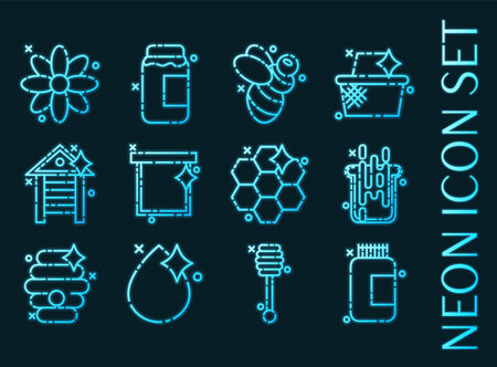 Set of Apiary blue glowing neon iconsのイラスト素材