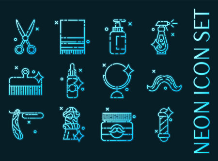 Set of Barber shop blue glowing neon icons.のイラスト素材