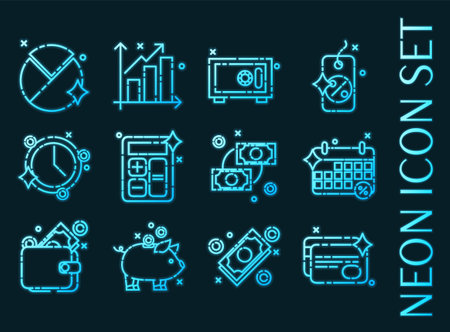 Finance set icons. Blue glowing neon style.