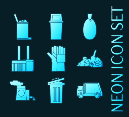 Set of Garbage blue glowing neon iconsのイラスト素材
