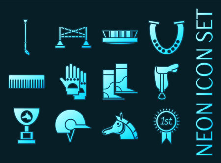 Horse riding set icons. Blue glowing neon style.のイラスト素材
