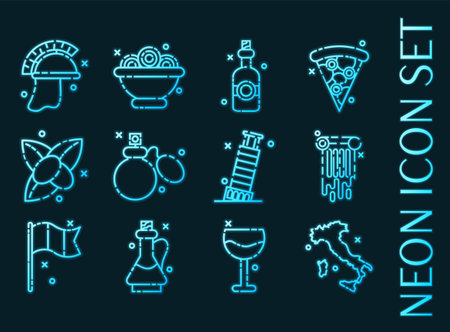 Italy set icons. Blue glowing neon styleのイラスト素材