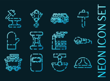 Metallurgy set icons. Blue glowing neon style.のイラスト素材