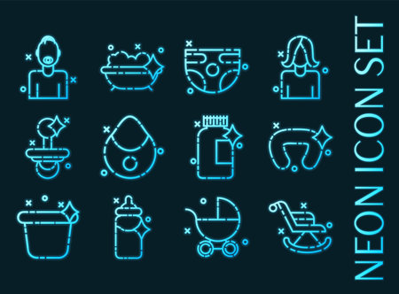 Motherhood set icons. Blue glowing neon styleのイラスト素材