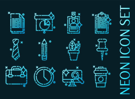 Office set icons. Blue glowing neon style.のイラスト素材