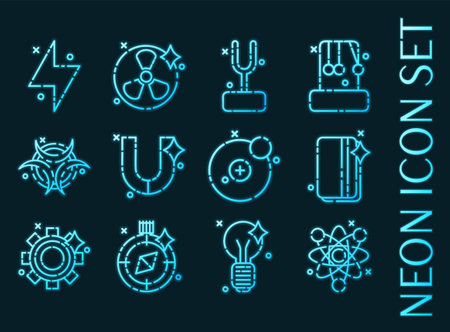 Physics set icons. Blue glowing neon style.のイラスト素材