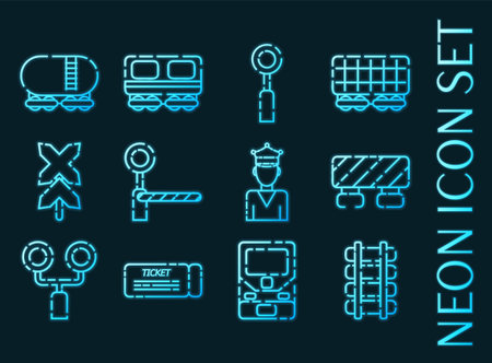 Railroads set icons. Blue glowing neon style.のイラスト素材