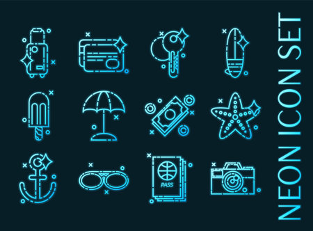 Tourism set icons. Blue glowing neon style.のイラスト素材