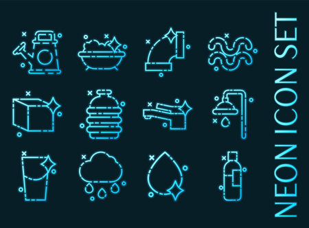 Water set icons. Blue glowing neon style.のイラスト素材