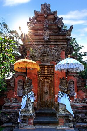 The God guard at holy spring temple, Bali, Indonesiaの写真素材