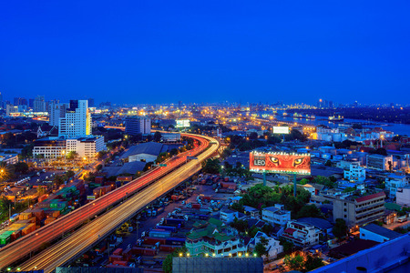 Bangkok skyline and express way at night, Thailandのeditorial素材