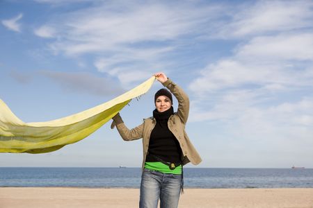happy attractive brunette woman  outdoorの写真素材
