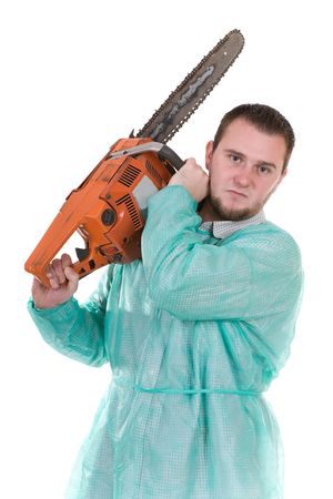 bad doctor isolated on white background with diesel sawの写真素材