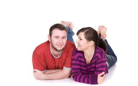 young happy couple together. over white backgroundの写真素材