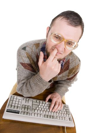 silly nerd with keyboard. over white background