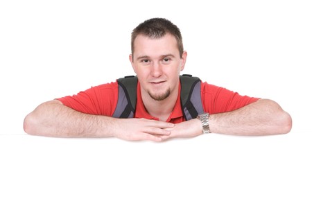 young adult guy with board. over white backgroundの写真素材