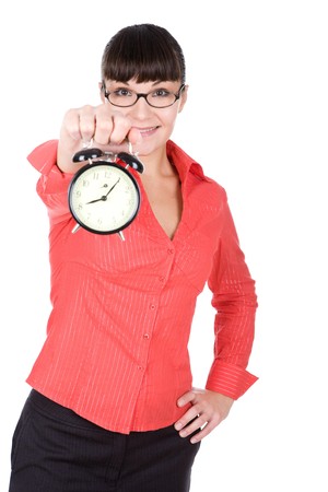 young adult woman with clock. over white backgroundの写真素材