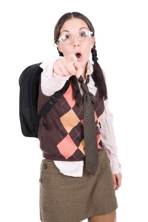 young silly brunette adult woman. over white backgroundの写真素材