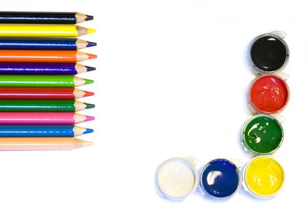 Bright colored gouache and pencils with copy spaceの写真素材