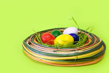 Easter eggs in decorative nestの写真素材