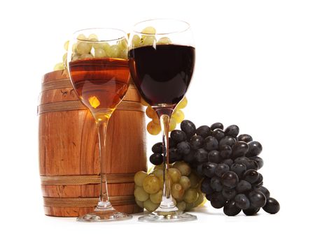 Wine glasses with white and red wine over the white backgroundの写真素材
