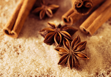 Anise and cinnamon on the cane sugarの写真素材
