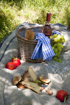 Picnic at the park on the grass: tablecloth, basket, healthy food, rose wine and accessoriesの写真素材