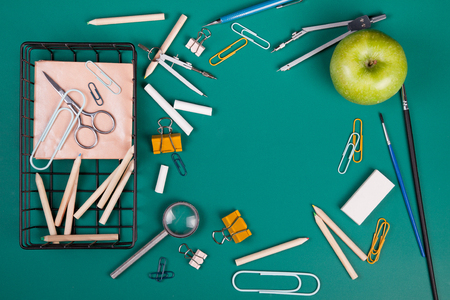 School supplies for the beginning of classes. Back to school concept with copy space. Top viewの写真素材