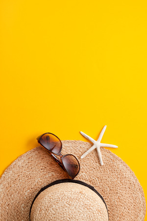 Summer vacation concept flat lay. Beach accessories top view. Space for text.の写真素材