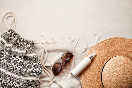 Summer vacation concept flat lay. Beach accessories top view. Space for text.