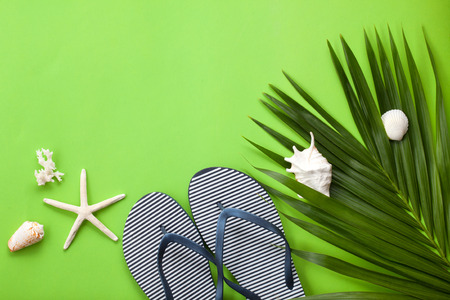 Summer vacation concept flat lay. Beach accessories top view. Space for text.の写真素材