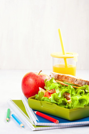 Fresh sandwich and apple for healthy lunch in the plastic lunch boxの写真素材