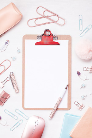 Overhead view to various office supplies. Flat lay with mockup plannerの写真素材