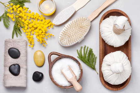 Set of traditional spa products. Natural body care conceptの写真素材
