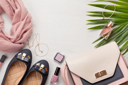 Flat lay with women accessories. Fashion, trends and shopping conceptの写真素材