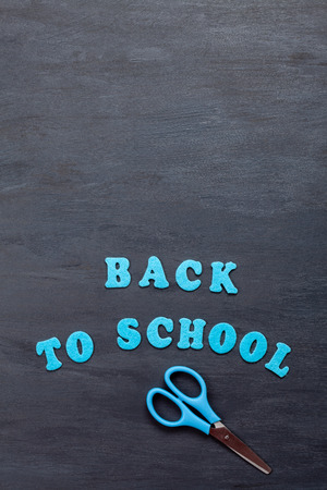 Back to school text with colorful stationary over the blackboard backgroundの写真素材