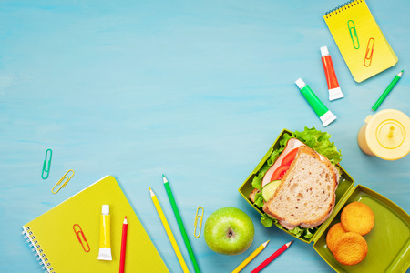 Fresh sandwich and apple for healthy lunch in the plastic lunch boxの写真素材
