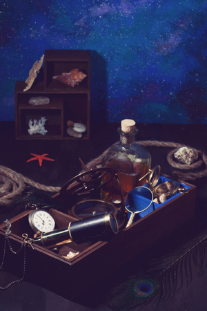Adventure concept with retro traveling and sailing accessoriesの写真素材