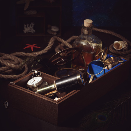 Adventure concept with retro traveling and sailing accessoriesの写真素材