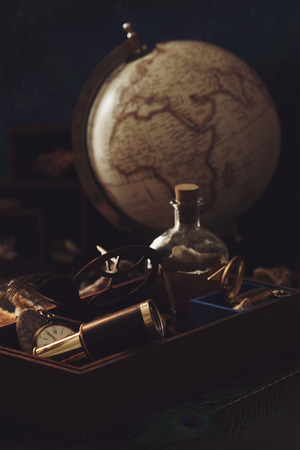 Adventure concept with retro traveling and sailing accessoriesの写真素材